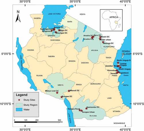 Figure 1. Map of Tanzania showing the study sites (modified from Google, IMS Database, 2016). Courtesy: A.H. Kombo