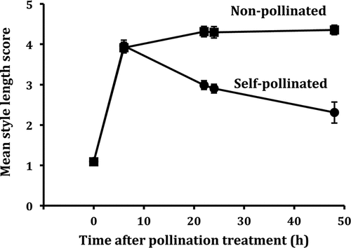Figure 3. Mean style length scores of non-pollinated and self-pollinated florets of Senecio vulgaris at time of treatment (0 h) and at intervals of 6, 22, 24 and 48 h afterwards. Standard errors of means are indicated by bars.