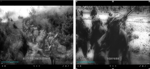 Figure 3. CH1 and CH2 (source: pre-battle snapshots from Frozen Chosin, 2011).Literary translation of the left caption: ‘The soldiers were only wearing thin winter clothing distributed in the Jiangnan region’. Right: ‘Hurriedly drove towards the front line’.