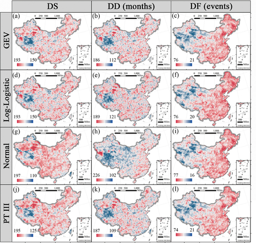 Figure 3. Spatial distribution of drought severity (DS), duration (DD), and frequency (DF) extracted from the 3-month-scale monthly SPEI on GEV, Log-Logistic, Normal, and Pearson Type III distributions.