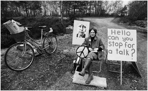 Figure 7. A picket mounted on the missile silo construction road by the Women’s Peace Camp at RAF/USAF Greenham Common, Berkshire, February 1982. Photograph by Edward Barber. Courtesy Edward Barber Archive.
