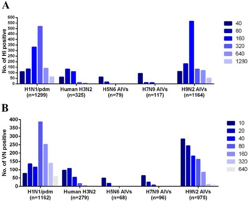 Figure 2. Antibody titres in serum samples from farmed mink that were positive for influenza viruses. (A) HI titres in samples positive for human H1N1/pdm and H3N2 viruses, or avian H5N6, H7N9 and H9N2 viruses from a total of 2455 samples (titres of ≥40 were considered positive). (B) VN titres in samples positive for human H1N1/pdm and H3N2 viruses, or avian H5N6, H7N9, or H9N2 viruses from a total of 2108 HI-positive samples (titres of ≥10 were considered positive). The number of positive serum samples for each virus is indicated.