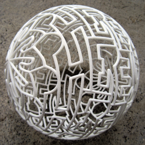 Figure 3. Henry Segerman (http://www.segerman.org/), Sphere Autologlyph, 2009. PA 2200 plastic, selective-laser-sintered, approximately 4″ × 4″ × 4″.