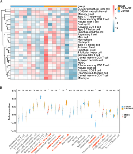 Figure 3 Analysis of immune cell infiltration. (A) Heat map showing the extent of immune cell infiltration. (B) Distinctions in immune cell abundance between the CRSwNP and control groups. ns, no significant, *P < 0.05. “a” indicates abscissa. The red abscissa indicates that the cell abundance of CRSwNP is up compared to the control group, the gray abscissa indicates no significant.