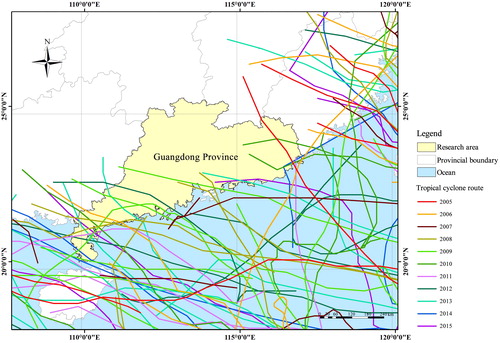 Figure 1. Location of study area and routes of tropical cyclones affecting Guangdong Province during 2005–2015. Source: Author