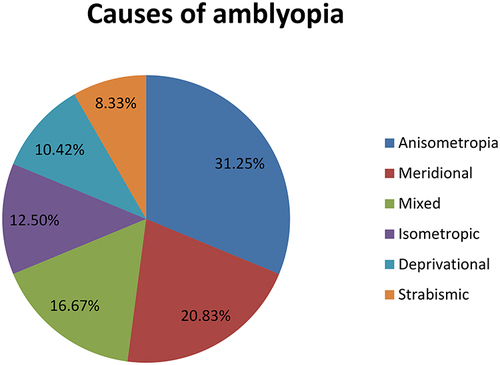 Figure 3 Causes of amblyopia for children aged from 5 to 15 years at HUCSH pediatric eye OPD, south Ethiopia from November to April, 2020/21 (n = 202).