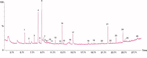 Figure 1. GC–MS chromatogram of antibiofilm methanol extract of S. persica showing the compounds and their percentage abundance (parenthesis) 1. benzaldehyde (13.2); 2. benzyl chloride (1.6); 3. ethanone, 2-hydroxy-1-phenyl-(0.09); 4. benzyl isocyanate (7.2); 5. benzyl nitrile (2.0); 6. benzenecarboxylic acid (24.5); 7. l-[-]-4-hydroxy-1-methylproline(0.1); 8. benzaldehyde, 4-methoxy-(0.1); 9. benzaldehyde, 3-methoxy-(0.5); 10. 2-coumaranone (0.4); 11. benzeneacetic acid (0.07); 12. 3-benzyloxy-1-nitro-butan-2-Ol (0.01); 13. benzaldehyde, 4-(phenylmethoxy)- (0.3); 14. benzene isothiocyanate (18.1); 15. 2-(3’-phenylpropyl)-5-ethylpyridine (0.8); 16. (Z,Z)-à-farnesene (0.3); 17. N- benzylacetamide (10.9); 18. benzyl (6Z,9Z,12Z)-6,9,12-octadecatrienoate (0.02); 19. 1,3-cyclohexanedicarbohydrazide (0.01); 20. benzylidenebenzylamine (12.1); 21. 3à-hydroxy-3-methyl-6-phenyl-4-piperidone (0.8); 22. decanoic acid, methyl ester (0.1); 23. docosanoic acid, ethyl ester (0.08); 24. acetophenone benzyloxime (0.43); 25. benzamide, N-(4-methylphenyl)- (0.45); 26. pyrrole-2-carboxylic acid, 4-hydrazonomethyl-3,5-dimethyl-, ethyl ester(0.3).