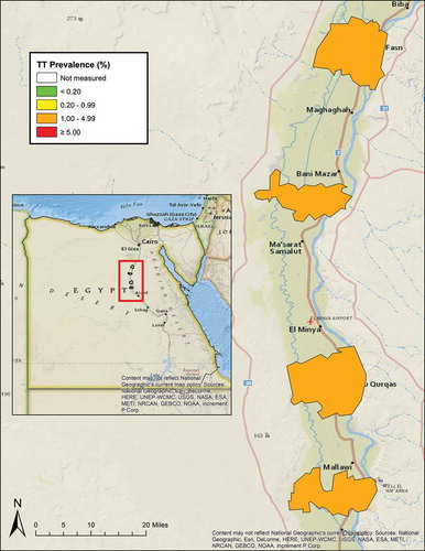 Figure 2. Prevalence of trachomatous trichiasis (TT) in ≥15-year olds, four marakez of Elmenia and Bani Suef Governorates, Global Trachoma Mapping Project, Egypt, 2015.