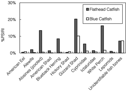 FIGURE 6. Prey-specific index of relative importance (%PSIRI) for fishes consumed by Blue Catfish and Flathead Catfish in the James River during March–May 2014–2015. The “alosines” category includes pooled Alewives, American Shad, Blueback Herring, and Hickory Shad.