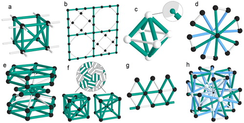 Figure 4. Examples of design of elementary unit cells containing elements of different kind: (a) chiral material [Citation44], (b) sponge-inspired material with high buckling resistance [Citation46], (c) hinged lattice with a giant Poisson’s ratio [Citation50], (d) material with a zero Poisson’s ratio [Citation49], (e) programmable metamaterial for energy dissipation with fully reversible deformation [Citation45], (f) damage-tolerant material inspired by crystal microstructure [Citation51], (g) fault-tolerant material [Citation47], (h) three-dimensional auxetic with omnidirectional Poisson's ratio [Citation48]. The white beams are softer than the colored ones; the white and black nods are hinged and rigid, respectively.