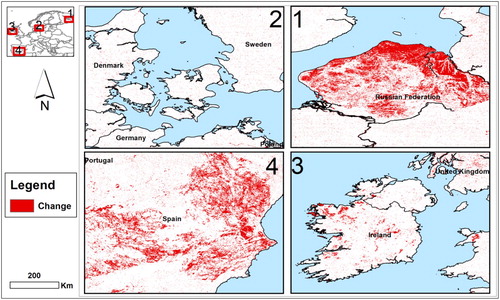Figure 5. Spatial patterns of land cover change in Europe and the changes within 2000–2010 are represented in red colour (colour online only).