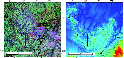 Figure 1. (A) Landsat ETM+ (band composite 742) showing moraine ridges and plateaus affected by permafrost degradation in NW Russia. (B) VFP shaded relief image of the same area showing moraine ridges more clearly. The shaded relief colour table is stretched to optimize moraine landform detection. Total relief in the image is about 100 m. Black arrows shows moraine lobes in both A and B.