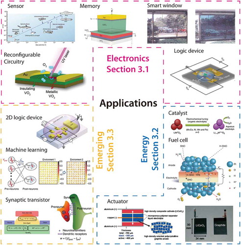 Figure 3. Representative application domains exploiting ion doping. The reversible manipulation of physical and chemical properties has been applied in broad range of field spanning from electronics (e.g. sensors [Citation4], reconfigurable circuitry [Citation13], non-volatile memory [Citation104], smart window [Citation27], logic units [Citation28]) and energy (e.g. catalysis for water splitting [Citation24], fuel cell [Citation5], mechanical actuator [Citation142]) to emerging research directions (e.g. 2D logic device [Citation30], bio-mimetic machine learning [Citation29], and synaptic transistor [Citation20]). Reproduced with permissions from Ref. [4] © Springer Nature 2017, Ref. [13] © John Wiley and Sons 2016, Ref. [104] © Springer Nature 2014, Ref. [27] © John Wiley and Sons 2001, Ref. [28] © John Wiley and Sons 2016, Ref. [24] © Springer Nature 2014, Ref. [5] © Springer Nature 2016, Ref. [142] © John Wiley and Sons 2006, Ref. [30] © Springer Nature 2015, Ref. [29] © Springer Nature 2017, Ref. [20] © Springer Nature 2013.