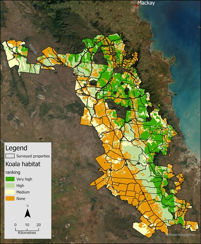 Figure 2. Survey site and koala habitat ranking classified by using Runge, Rhodes, and Latch (Citation2021).