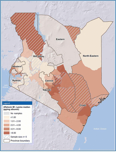 Figure 2. Map of AFB1-lys levels (pg/mg albumin) by district, Kenya 2007. AFB1-lys, aflatoxin B1-lysine.