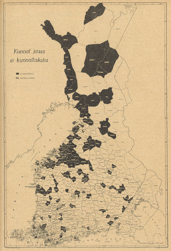 Figure 2. Finnish municipalities lacking a municipal home in 1941 shown in black. The Pohjola facility served both the northern half of the country as well as most of the municipalities in the black cluster on the left.