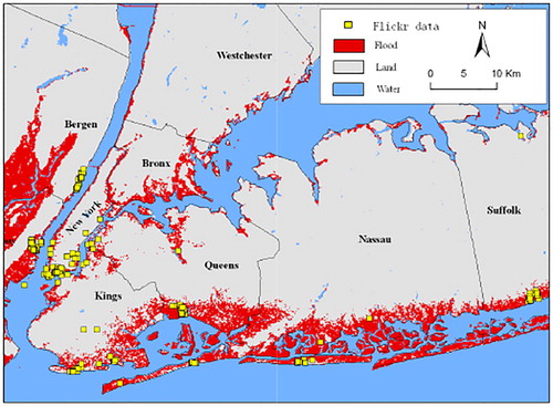 Figure 7. Flickr images reporting flooding (yellow dots) overlaid on the ATMS-derived flood map in the vicinity of New York City and its boroughs.