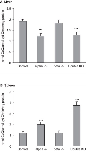Figure 4. Coenzyme Q amount in mitochondria in relation to cytochrome c oxidase activity in liver (A) and spleen (B). Mitochondria were isolated by metrizamide gradient and their content of CoQ and cytochrome c oxidase activity was determined. The values are means ± SD (n = 4).