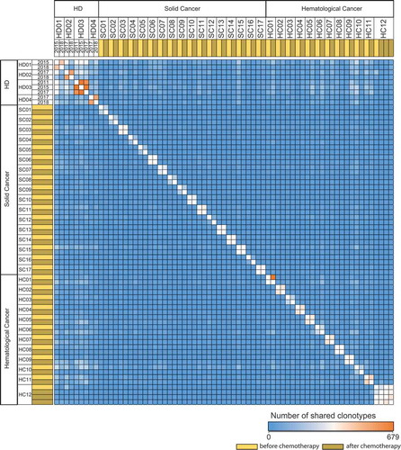 Figure 7. T cell repertoire overlap in healthy individuals and patients with cancer pre and post chemotherapy.TCR repertoire overlap matrix based on CDR3 amino acid sequence of long-term follow-up samples of HD (n = 4) (indicated by year dates) and of paired solC patient (n = 17) and hemC patient (n = 12) samples before and after chemotherapy, respectively. CDR3 – complementarity determining region 3