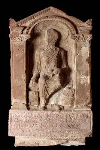 Figure 1. Regina's Tombstone: a relief portrait with inscriptions in Latin and Palmyrene. Copyright Arbeia Roman Fort and Museum.