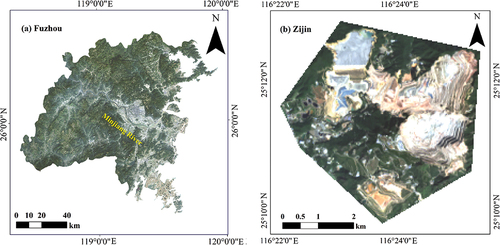 Figure 1. The natural color image showing the study areas of Fuzhou’s main urban area (a) and the zijin mining area (b).