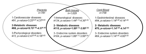 Figure 2. Ingenuity pathway analysis: top-ranked common disease and disorder pathways that were epigenetically affected by gestational diabetes mellitus. Top-ranked common disease and disorder pathways to which belonged differentially methylated genes in placenta (p < 0.01, n = 781), cord blood (p < 0.01, n = 758) and both tissues (p < 0.05, n = 1029). #, number of genes involved in each pathway.