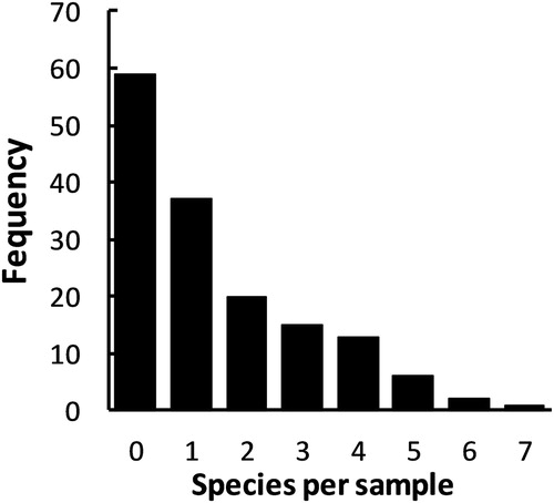 Figure 1. Frequency plot illustrating the number of named spider species collected in 153 thirty-minute hand-searches of marine strandlines at 35 sites on Banks Peninsula, New Zealand.