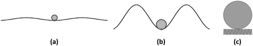 Figure 4. Particle on sinusoidal surface, limits of two-point contacts, (a) large wavelength, (b) large amplitude compared to particle size, and (c) small wavelength.