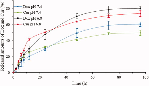 Figure 7. Release curves of (DOX + CUR)-FA-NPs at different pH values.