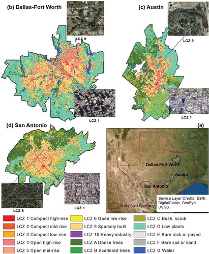 Figure 1. Study area boundaries (a) and the Local Climate Zone (LCZ) distributions (b, c, d) with examples of the typical LCZs from Google Earth