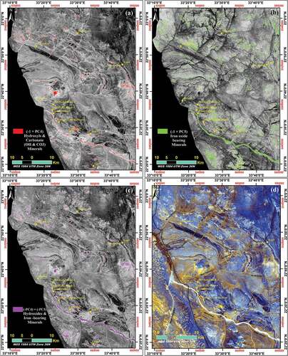 Figure 5. (a) Extraction of hydroxyl-bearing and carbonate minerals by thresholding the inverted PC4. (b) Extraction of iron oxide minerals by thresholding the inverted PC5. (c) Extraction of hydroxides and iron oxides by thresholding the inverted (PC4+ PC5). (d) Crosta’s FCC image of inverted PC4, inverted (PC4+ PC5) and inverted PC5 as RGB.