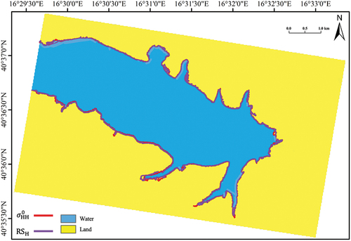 Figure 14. Waterlines extracted using RSH (purple line) and σHH0 (red line) superimposed onto the NDVI clustered image where cyan and yellow stand for water and land areas, respectively.