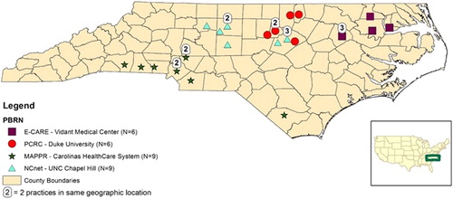 Figure 3. Practice recruited in North Carolina by Practice Based Research Networks (PBRNS) for the ADAPT-NC Study.