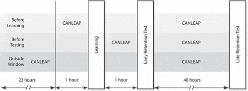 Figure 2. Experimental schedule. Three groups learned then were tested on material. The before learning group also performed the CANLEAP obstacle course within the hour preceding learning, while the before testing performed CANLEAP within the hour preceding early retention testing. The outside window group performed CANLEAP at least 24 hours before learning.