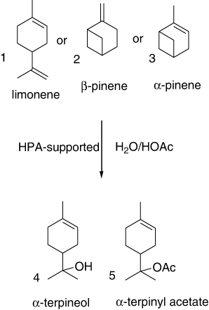 Scheme 13. Liquid-phase hydration and acetoxylation of limonene (1), β-pinene (2), and α-pinene (3).