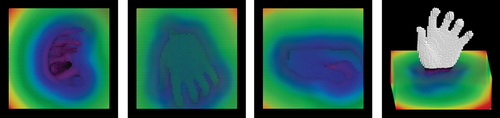 Figure 3. SDF around a hand viewed from the top, back and left, and in oblique perspective. Only positive distance values (blue = small, green = intermediate, red = large distances) are colored.