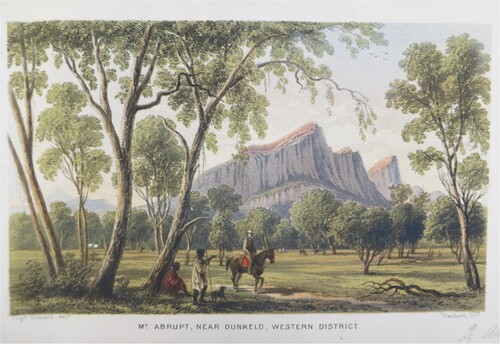 Figure 14. Eugene von Guérard (artist), Hanhart (lithographer), ‘Mt Abrupt, Near Dunkeld, Western District’ [c.1857], lithograph and watercolour, 14 × 22.4 cm (sheet). The University of Melbourne Art Collection. Gift of the Russell and Mab Grimwade Bequest 1973.