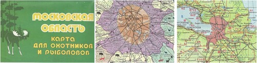 Figure 1. (a) Moscow oblast, map for hunting and fishing, 1983 – cover; (b) map extract; (c) Leningrad oblast, 1984 – map extract.