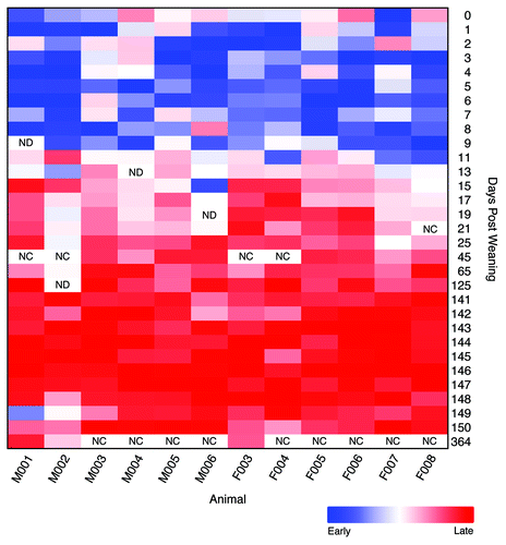 Figure 4. Relative difference in root mean squared θYC distances to the early (0–9 dpw) and late (141–150 dpw) samples for each animal. Rectangles with “NC” indicate that the samples were not characterized and those with “ND” indicate those samples that had fewer than 1,900 sequences.