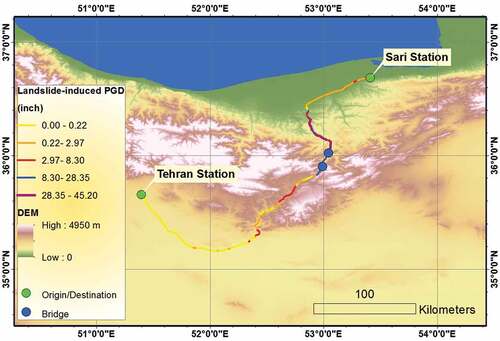 Figure 10. Landslide-induced displacement map of the Tehran-Sari railway, and Veresk and DoAb bridges.