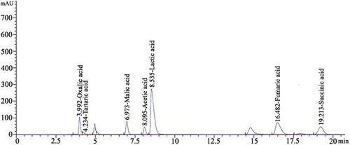 FIGURE 3 HPLC chromatographic fingerprints of authentic organic acid (2.5 µM mL–1). HPLC peaks: Oxalic acid (3.992 min), Tartaric acid (4.232 min), Malic acid (6.973 min), Acetic acid (8.095 min), Lactic acid (8.535 min), Fumaric acid (16.482 min), Succinic acid (19.213 min).