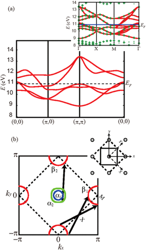 Figure 3. (a) The band structure of the five-band model in the unfolded BZ, where the interlayer hoppings are included. To compare with the ten-band model (thick red lines in the inset; the symbols are the present local-density approximation results), note the original (dashed lines) and the unfolded (solid lines) BZ shown in (b). (b) Fermi surface for n = 6.1 (with the interlayer hoppings ignored), with the arrows indicating the nesting vectors. The inset depicts the original (dashed lines) and reduced (solid lines) unit cell in real space. Reprinted with permission from [Citation160]. Copyright 2008 by the American Physical Society.