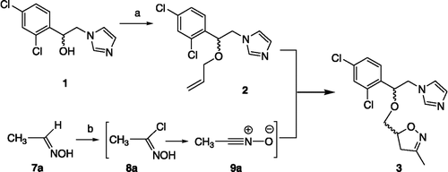 Scheme 1 Synthesis of compounds 2 and 3. Reagents: (a) NaH, allyl bromide, THF, 90%; (b) NCS, TEA, dichloromethane, 41%.