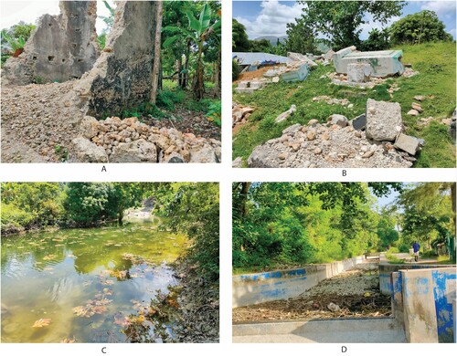 Figure 3. The cumulative impact of the 2021 earthquake and Tropical Storm Grace on colonial ruins in Abricots (a), a damaged cemetery at Marceline, Camp-Perrin (b), an impassible Guinaudée River (5 km from Jérémie) following flooding just days after the earthquake (c), and an empty Canal d’Avezac in Camp-Perrin, whose flow was obstructed by landslides (d). Photographs by authors.