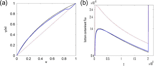 Figure 7. (a) Red (dot): initial linear iteration ψ0; black(dash): Langmuir isotherm (Equation57(57) ψ(w)=2ww+1.(57) ); blue (solid): final iteration ψ319. (b) Red (dot): q(d,t)w(d,t) corresponding to ψ0; black (dash): q(d,t)w(d,t) corresponding to Langmuir isotherm (Equation57(57) ψ(w)=2ww+1.(57) ); blue (solid): both q(d,t)w(d,t) corresponding to final iteration ψ319 and m~ obtained by running simulation using Langmuir isotherm (Equation57(57) ψ(w)=2ww+1.(57) ) and subsequently altered by the perturbation (Equation58(58) m~=m(1+c1sin(ln(t+1))+c2cos(ln(t+1))).(58) ).