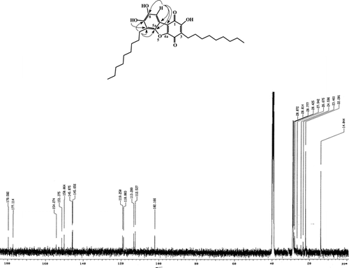 Figure 3 HMBC and 13C NMR of parathesiquinone A (4).