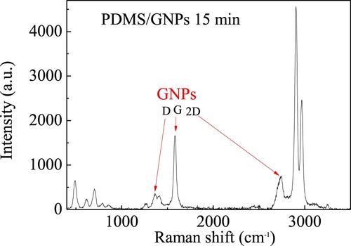 Figure 11. µRaman spectrum for the GNPs/PDMS nanocomposite foil cured for 15 min.