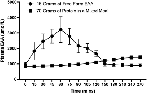 Figure 2. The effect of 15 g of free-form EAA vs 70 g of lean beef protein and mixed meal ingestion on plasma EAA kinetics. Adapted from references [Citation50,Citation51].