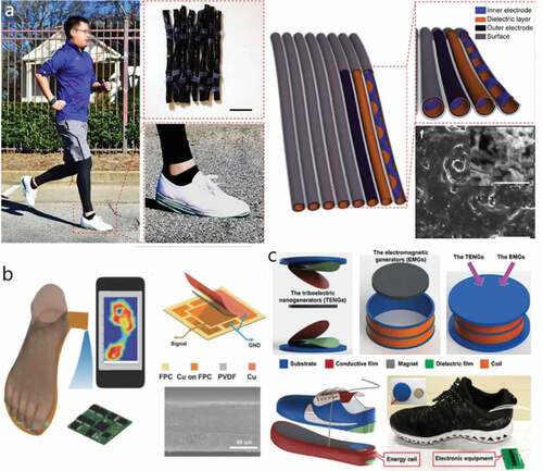 Figure 4. TENG used in smart shoes. (a) A completely flexible array of nanogenerators used to collect energy generated during walking [Citation40]. (b) A real-time foot pressure monitoring insole based on the nanogenerator [Citation41].(c) A laboratory model of self-powered intelligent footwear using a TENG/EMG hybrid strategy [Citation42]
