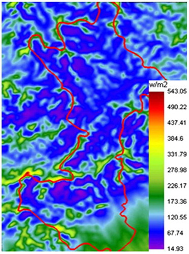 Figure 9. Wind power density contour over Huairou district at the height of 100 m.